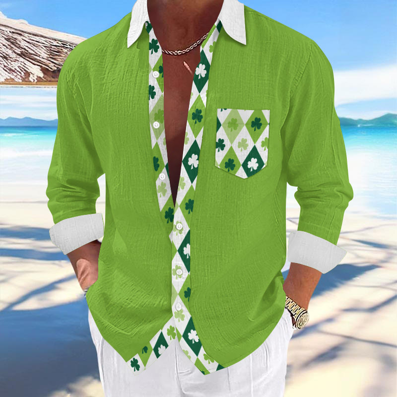 Men's St. Patrick's Day Splicing Rhombic Clover Print Fashionable Resort Casual Shirt  - Green - 5XL - image 1