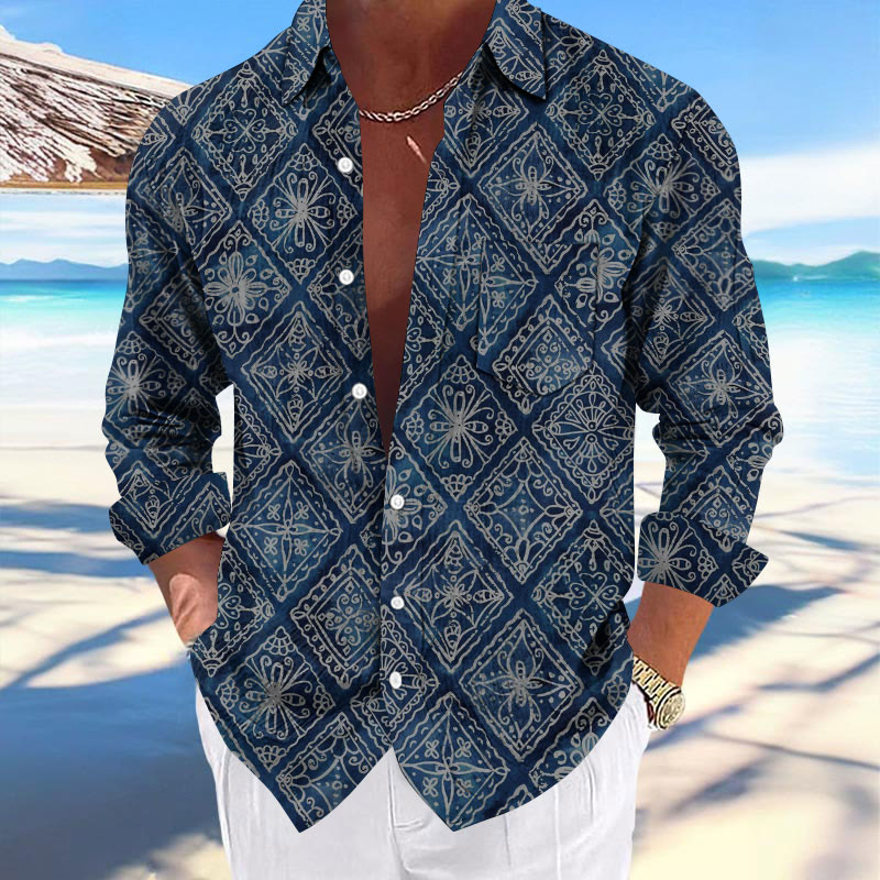 Men's Classic Retro Pattern Print Pocket Long Sleeve Shirt - Navy Blue - 5XL - image 1