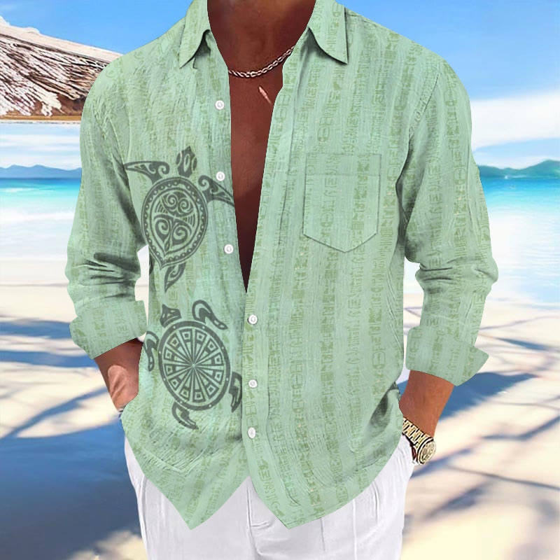 Men's Hawaiian Sea Turtle Totem Print Pocket Long Sleeve Shirt - Light Green - 5XL - image 1