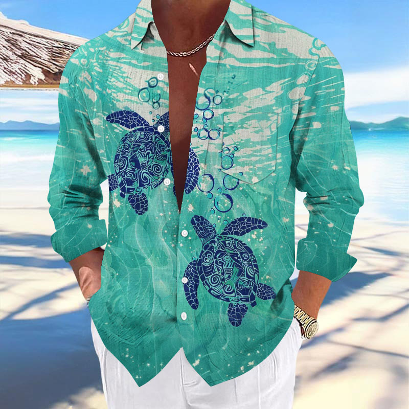 Men's Hawaiian Underwater Sea Turtle Print Fashionable Pocket Long Sleeve Shirt - Green - 5XL - image 1