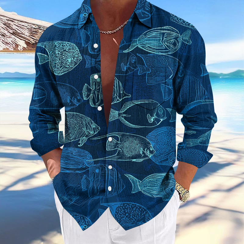 Men's Hawaiian Underwater Fish Print Fashionable Pocket Long Sleeve Shirt - Navy Blue - 5XL - image 1