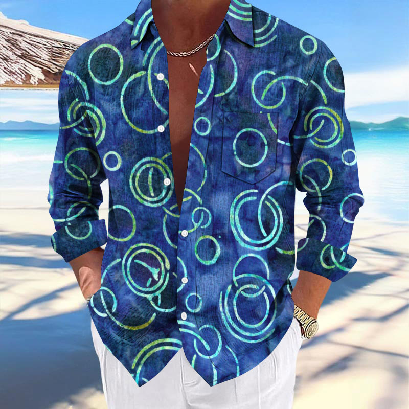 Men's Hawaiian Geometric Print Fashionable Pocket Long Sleeve Shirt - Blue - 5XL - image 1