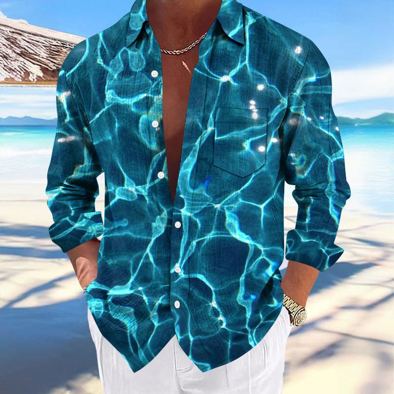 Men's Hawaiian Water Ripple Fashionable Pocket Long Sleeve Shirt - Blue - 5XL - image 1