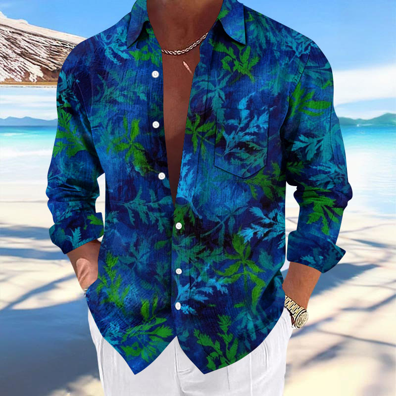 Men's Hawaiian Leaf Print Fashionable Pocket Long Sleeve Shirt - Blue - 5XL - image 1