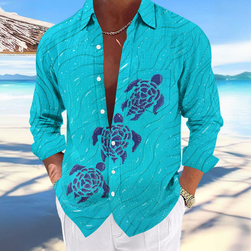 Men's Hawaiian Sea Turtle Print Fashionable Pocket Long Sleeve Shirt - Lake Blue - 5XL - image 1
