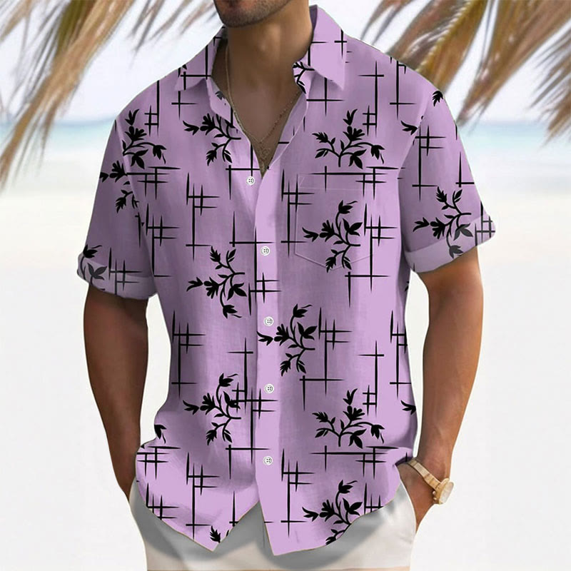 Men's Hawaiian Striped Floral Print Resort Casual Short Sleeve Shirt