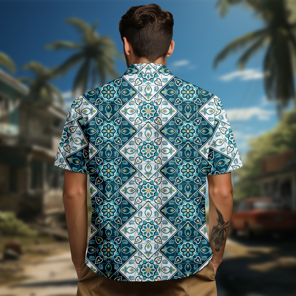 100% Cotton Men's Green Floral Totem Print Short Sleeve Shirt