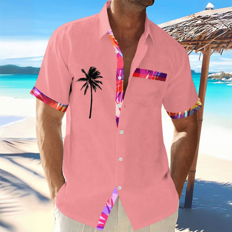 Men's Coconut Tree Contrast Print Resort Casual Short Sleeve Shirt