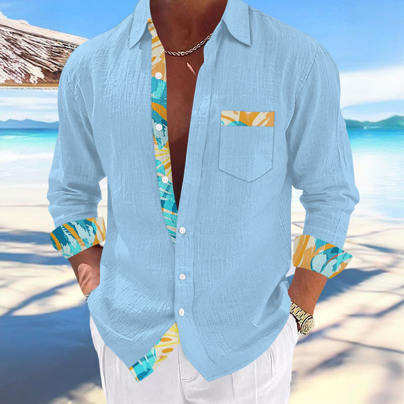 Fashionable Holiday Leaf Contrast Print Hawaiian Long-sleeved Lapel Shirt