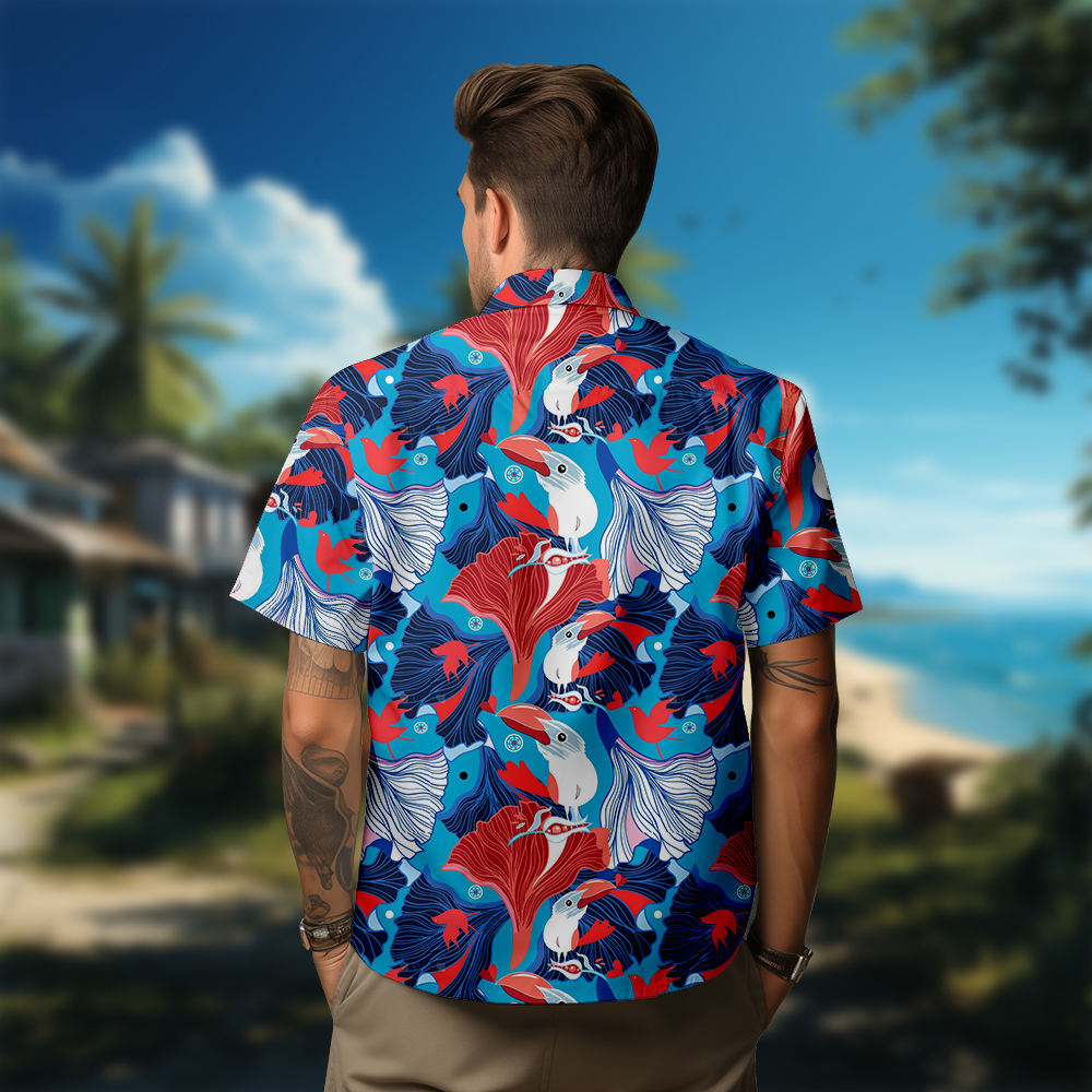 100% Cotton Men's Blue Bird Print Short Sleeve Shirt