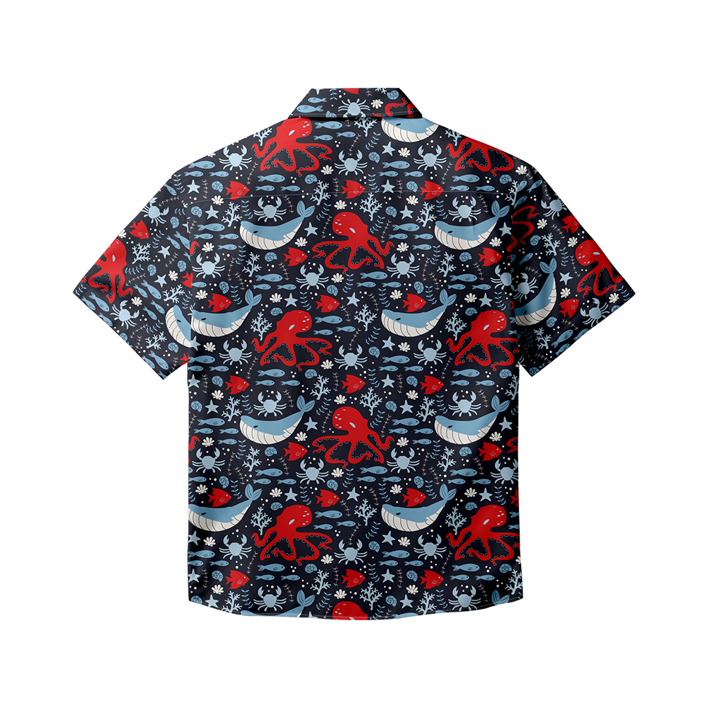 100% Cotton Men's Black Whale Print Short Sleeve Shirt
