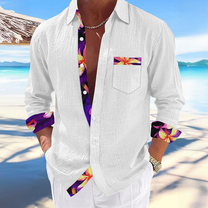 Men's Vacation Hawaiian Tropical Flower Contrast Print Long Sleeve Lapel Shirt