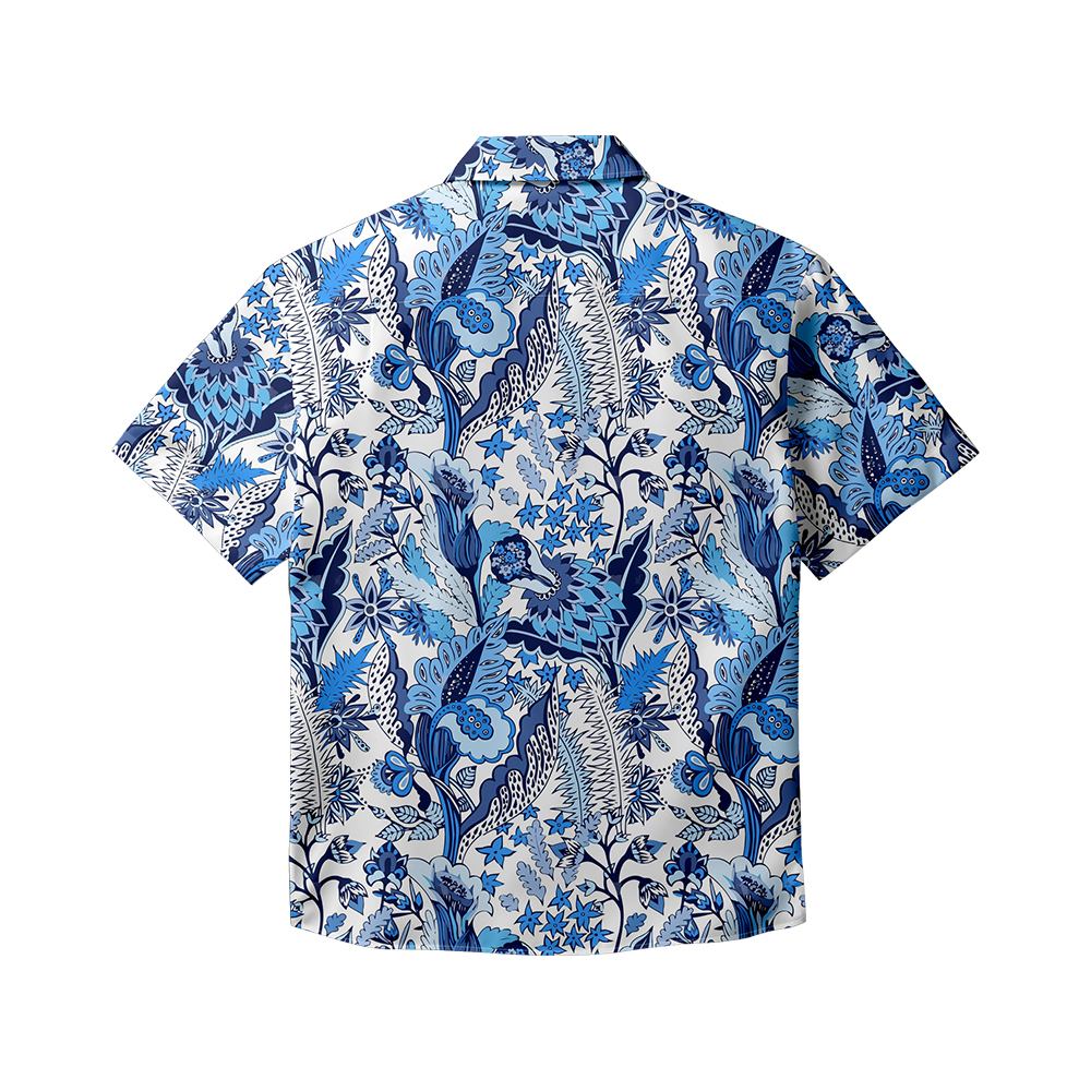 100% Cotton Men's Blue Floral Hawaii Print Short Sleeve Shirt