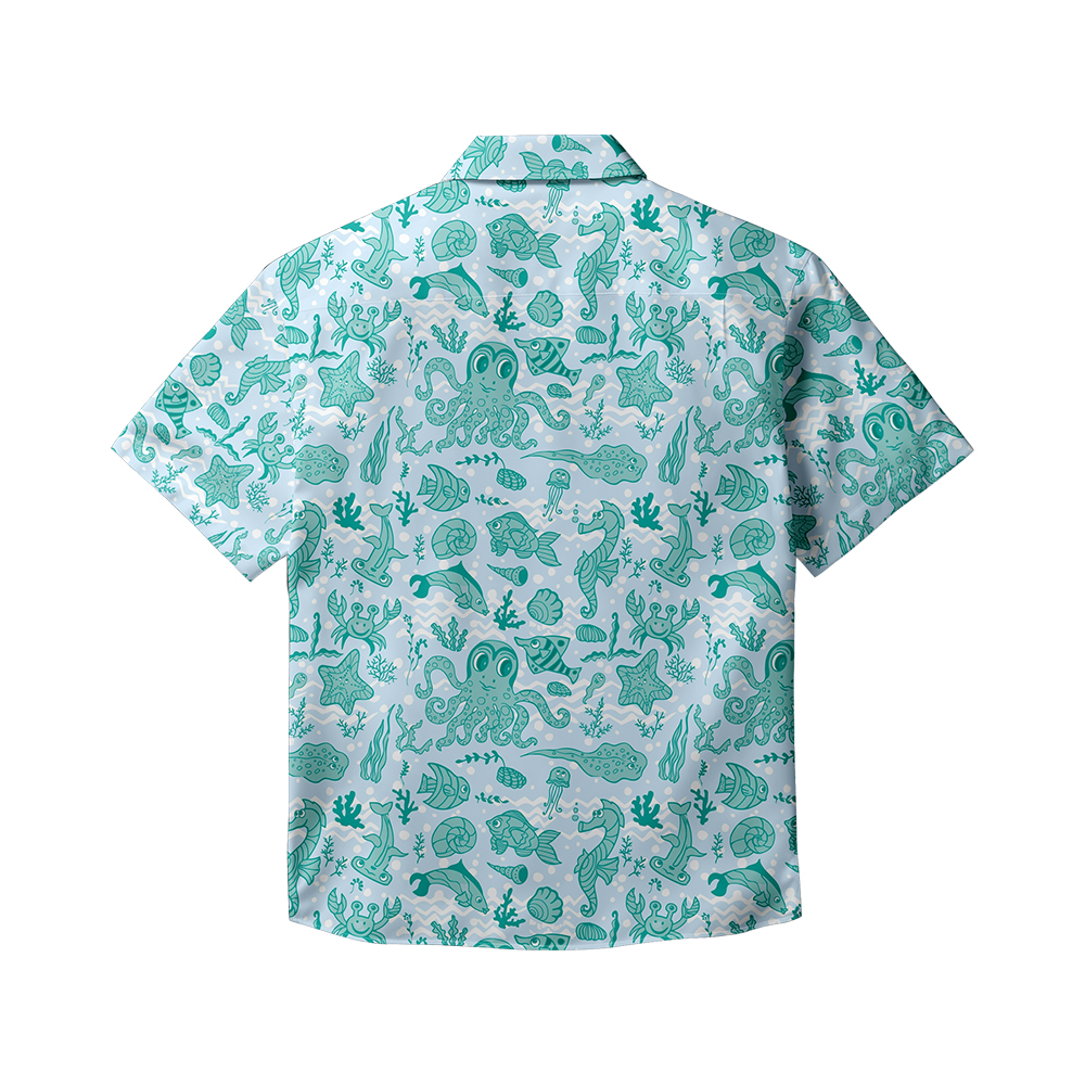 100% Cotton Men's Green Ocean Print Short Sleeve Shirt