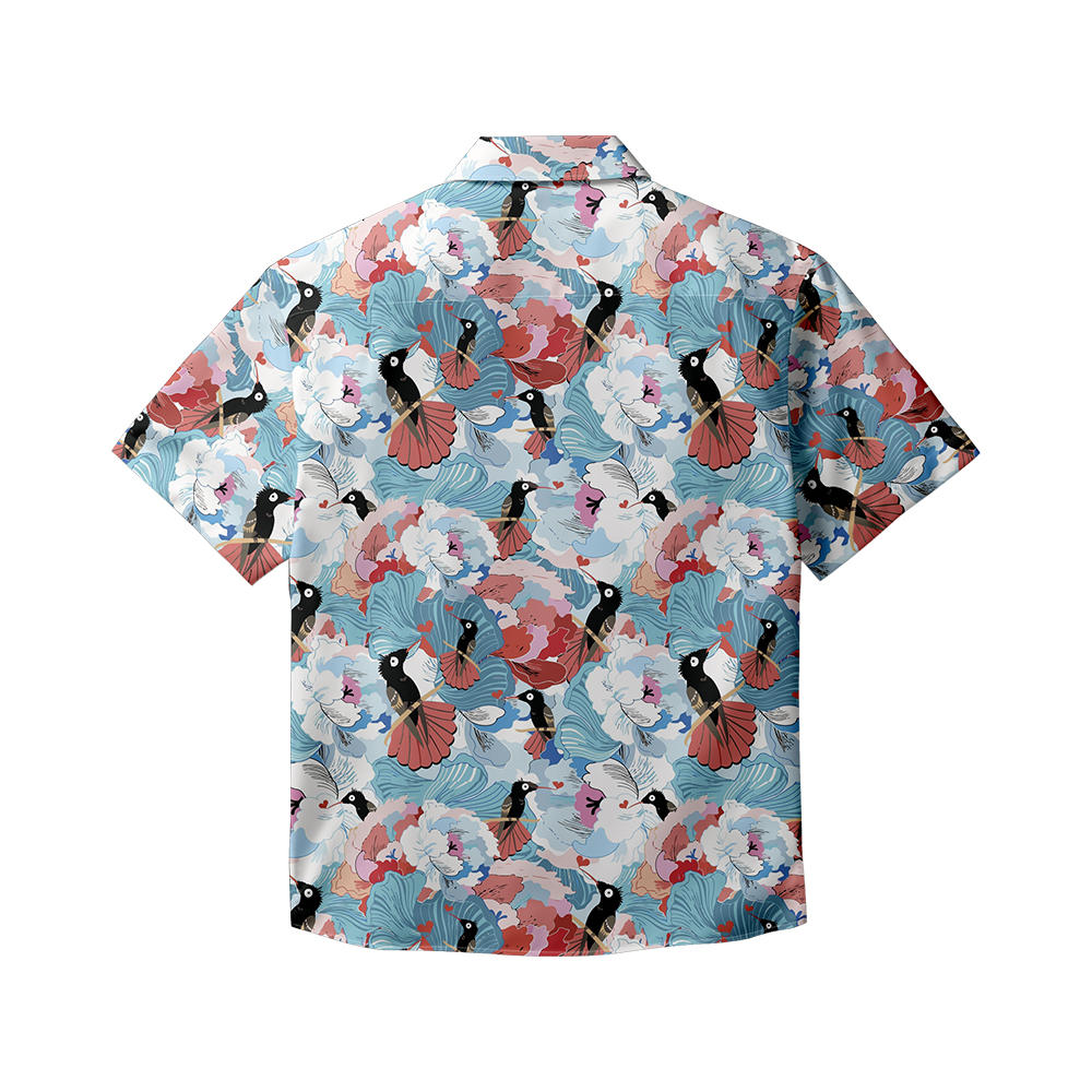 100% Cotton Men's Blue Bird Hawaii Print Short Sleeve Shirt