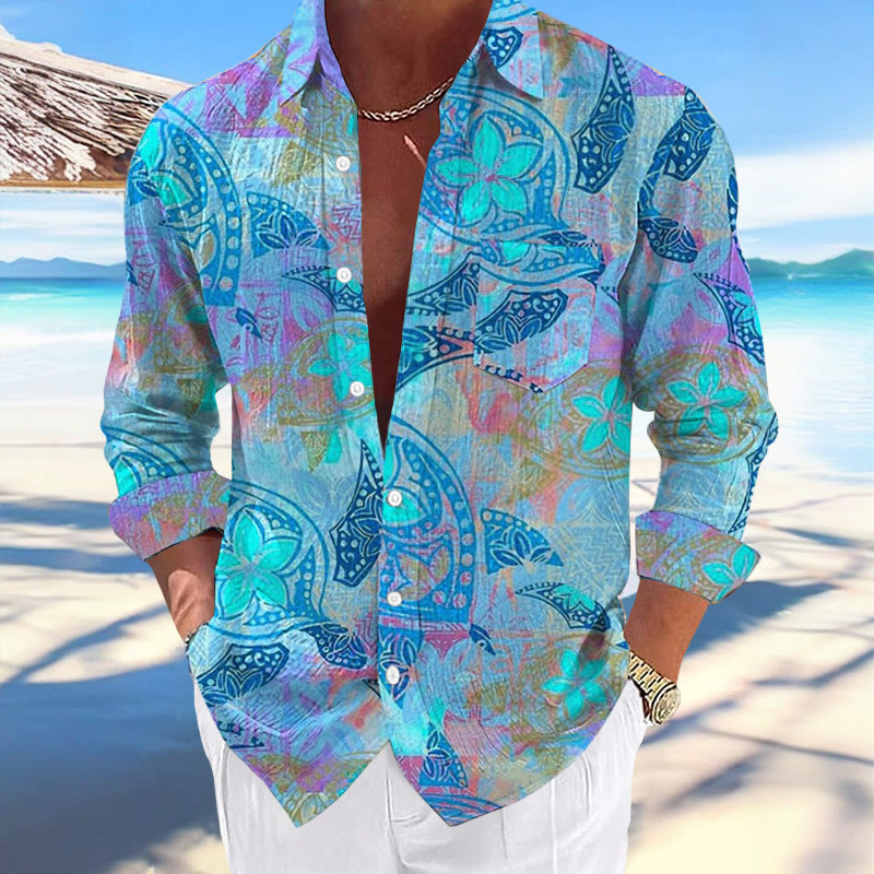 Men's Casual Hawaiian Floral Sea Turtle Print Stylish Resort Pocket Long Sleeve Shirt