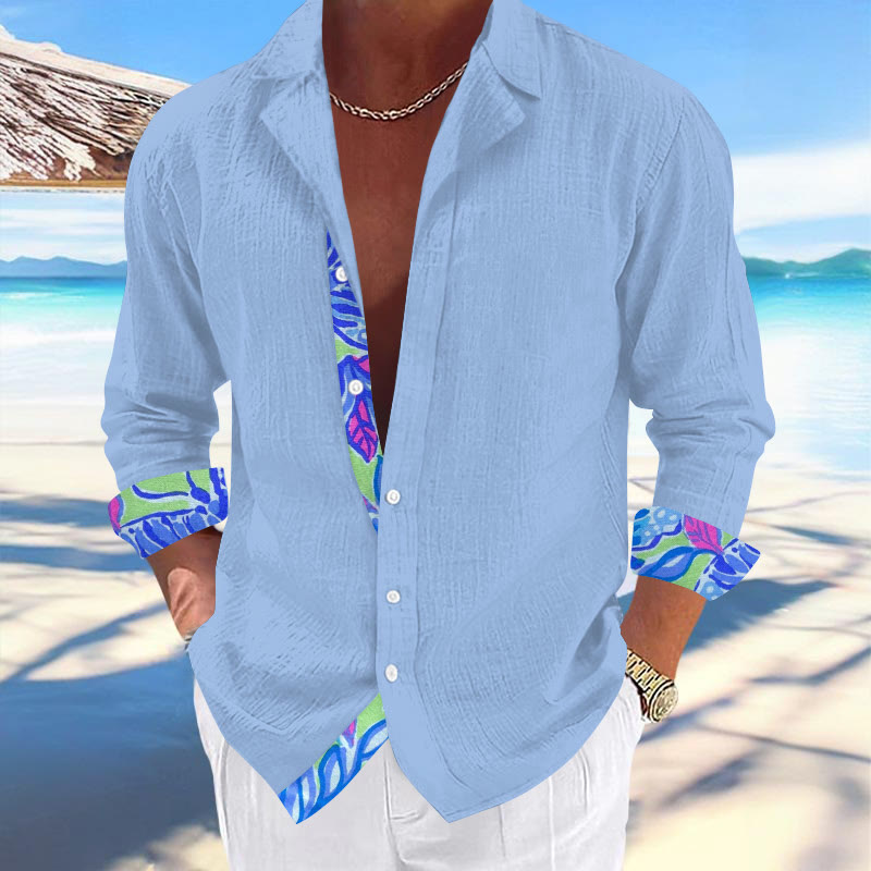 Men's Hawaiian Print Fashionable Resort Casual Cuban Collar Long Sleeve Shirt