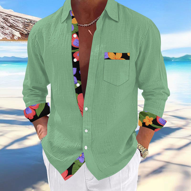 Men's Vacation Hawaiian Tropical Floral Contrast Print Long Sleeve Lapel Shirt