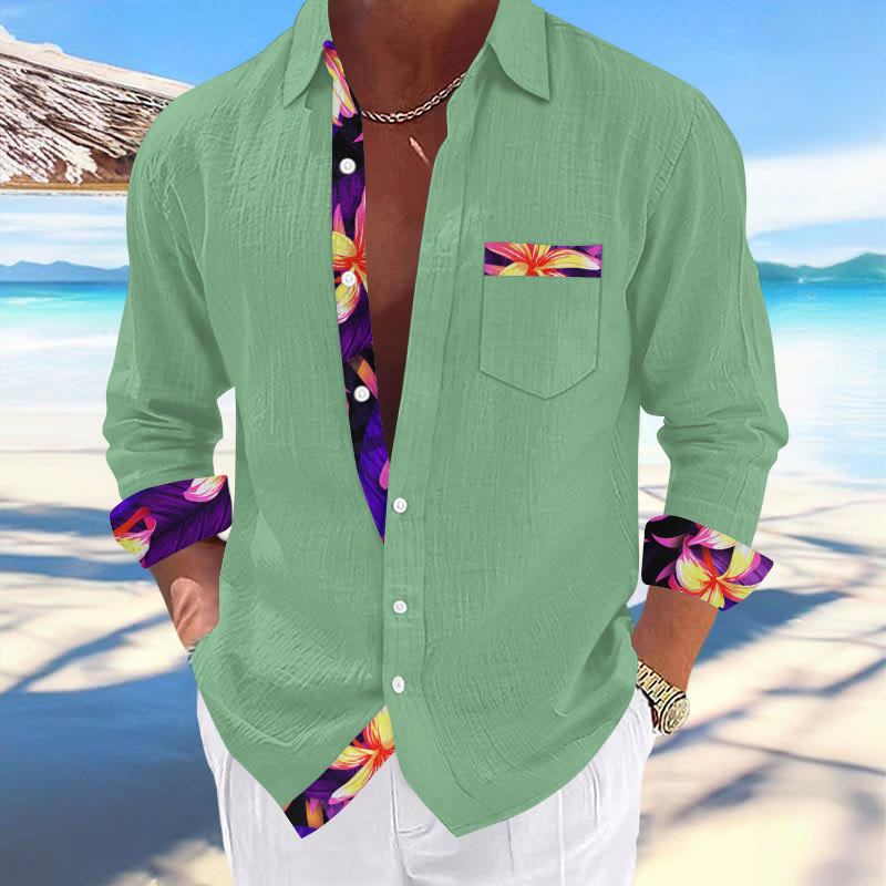 Men's Vacation Hawaiian Tropical Flower Contrast Print Long Sleeve Lapel Shirt