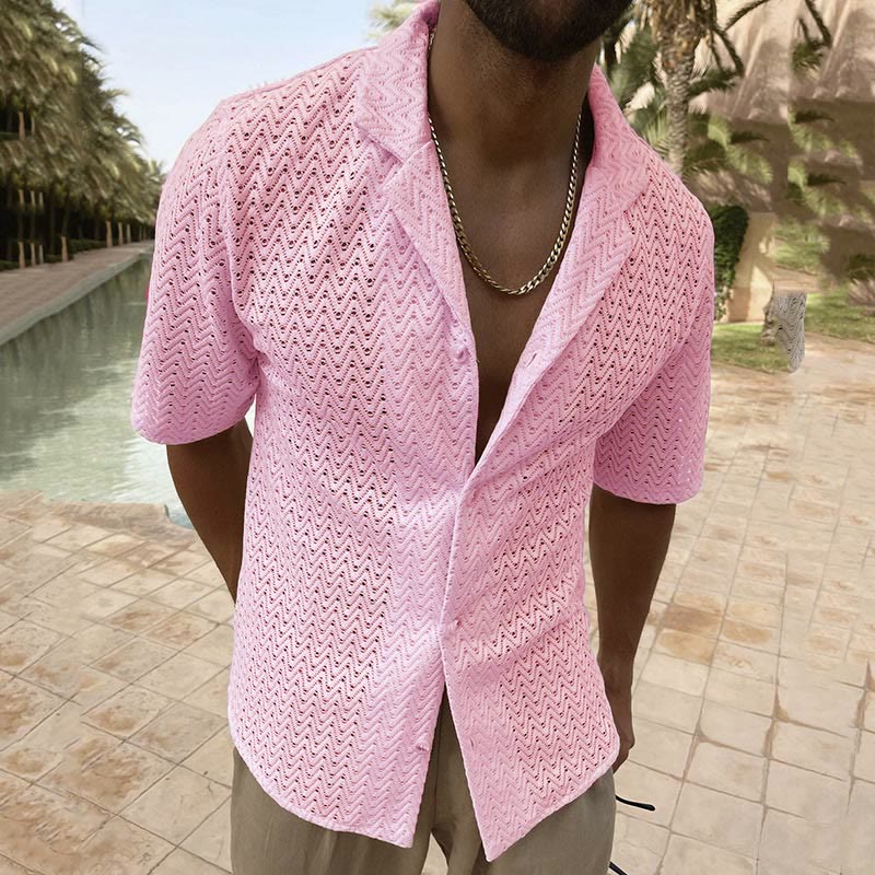 Vacation Solid Color Hollow Knitted Shirt