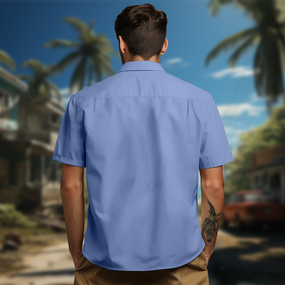 100% Cotton Men's Blue Leaves Print Short Sleeve Shirt