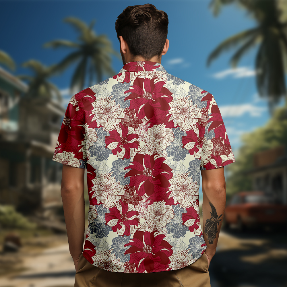 100% Cotton Men's Red Floral Print Short Sleeve Shirt