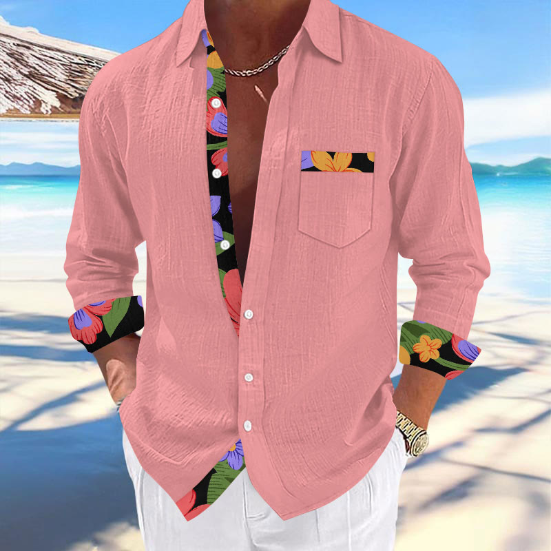 Men's Vacation Hawaiian Tropical Floral Contrast Print Long Sleeve Lapel Shirt