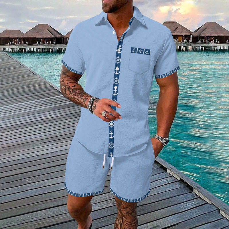 Men's Summer Vacation Anchor Print Casual Hawaiian Shirt Set