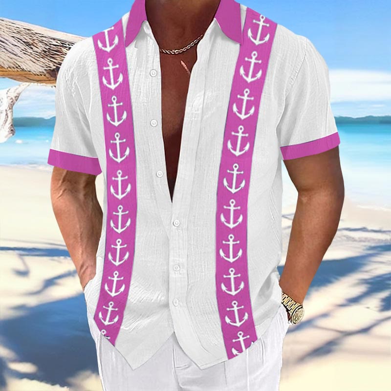Men's Casual Anchor Print Lapel Shirt
