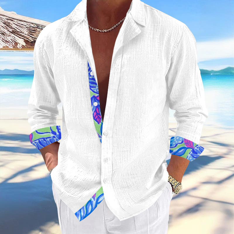 Men's Hawaiian Print Fashionable Resort Casual Cuban Collar Long Sleeve Shirt