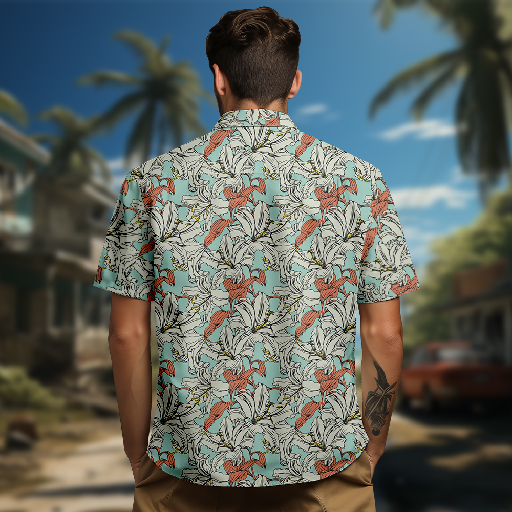 100% Cotton Men's Green Floral Print Short Sleeve Shirt