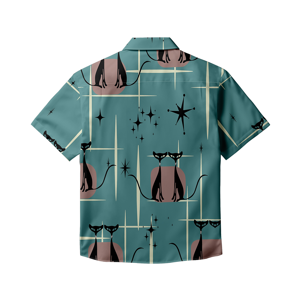 100% Cotton Men's Green Cat Print Short Sleeve Shirt