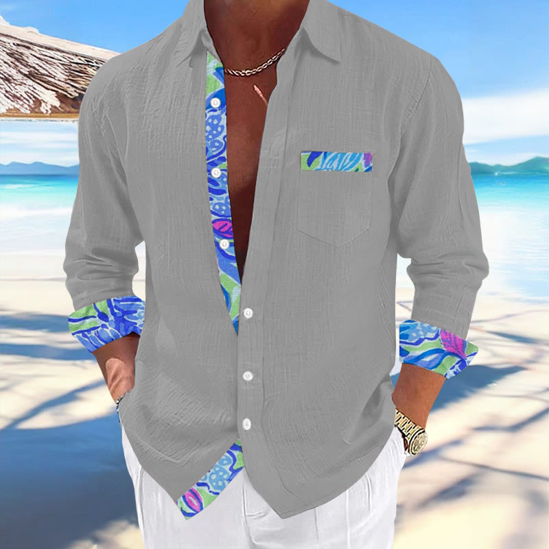 Men's Hawaiian Print Fashionable Resort Casual Pocket Long Sleeve Shirt