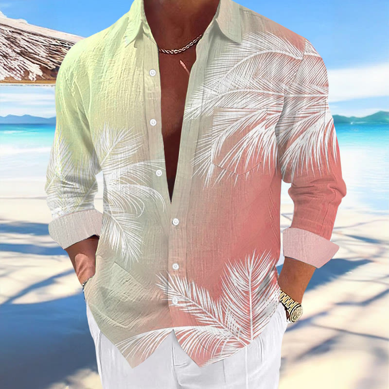 Men's Casual Hawaiian Palm Tree Print Long Sleeve Pocket Shirt