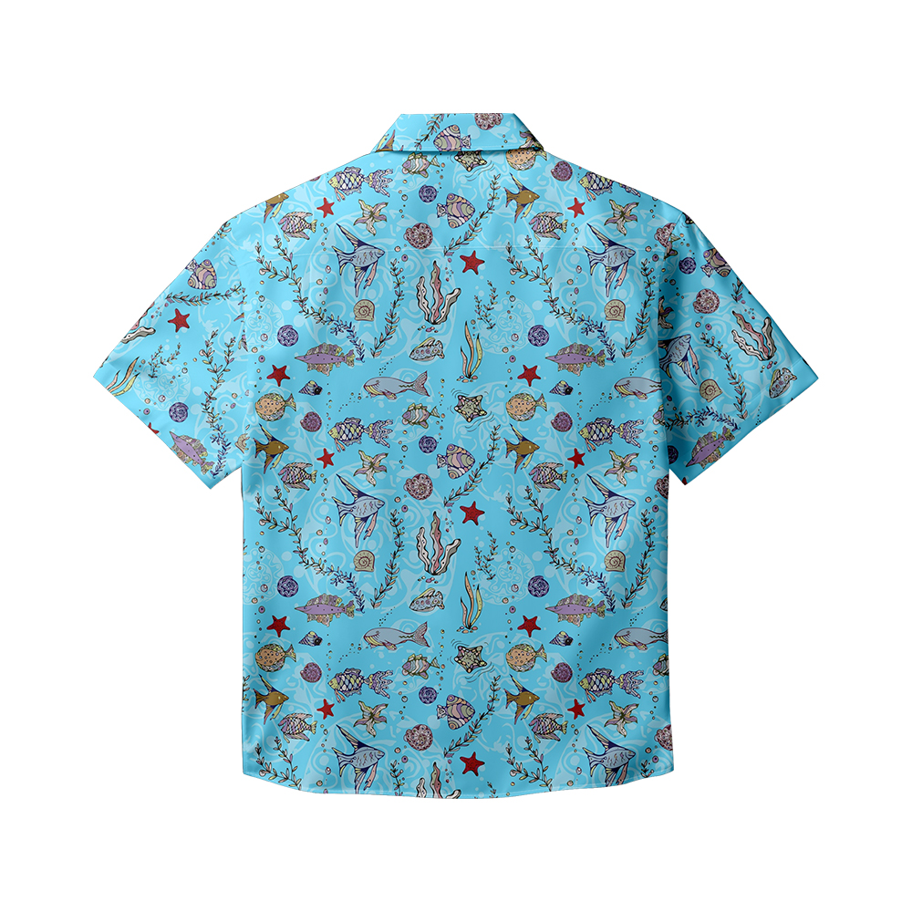 100% Cotton Men's Light Blue Sea Ocean Print Short Sleeve Shirt