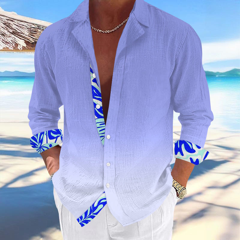 Men's Resort Casual Tropical Print Hawaiian Cuban Collar Long Sleeve Shirt