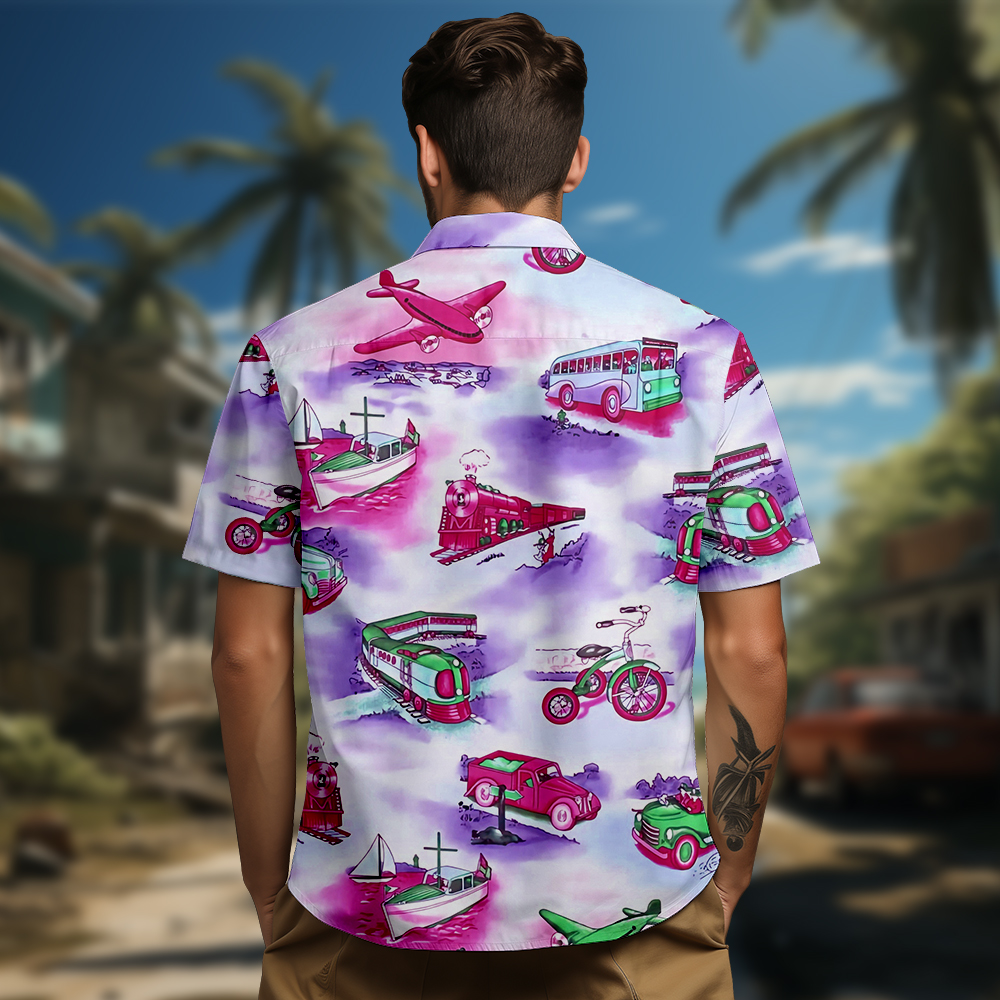 100% Cotton Men's Pink Vehicle Print Short Sleeve Shirt