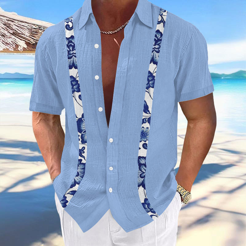 Men's Hawaiian Floral Patchwork Design Print Fashion Vacation And Casual Shirt