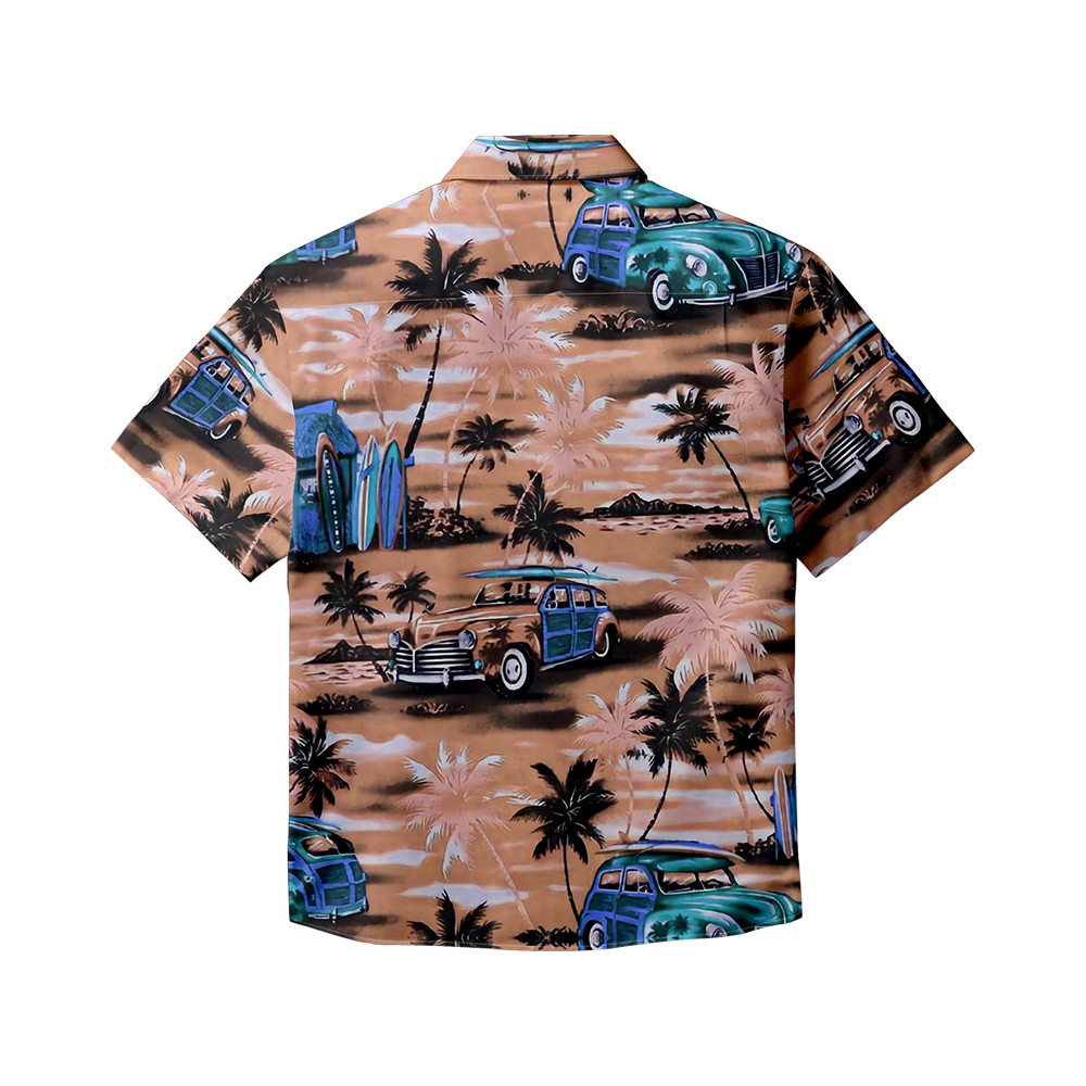 100% Cotton Men's Brown Vehicle Print Short Sleeve Shirt