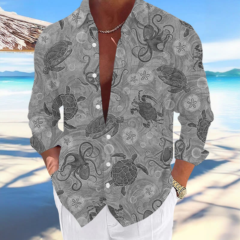 Hawaii Turtles Print Fashion Vacation And Casual Long Sleeve Shirt