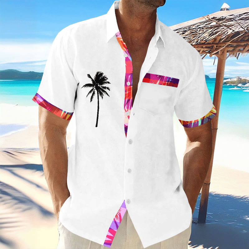 Men's Coconut Tree Contrast Print Resort Casual Short Sleeve Shirt
