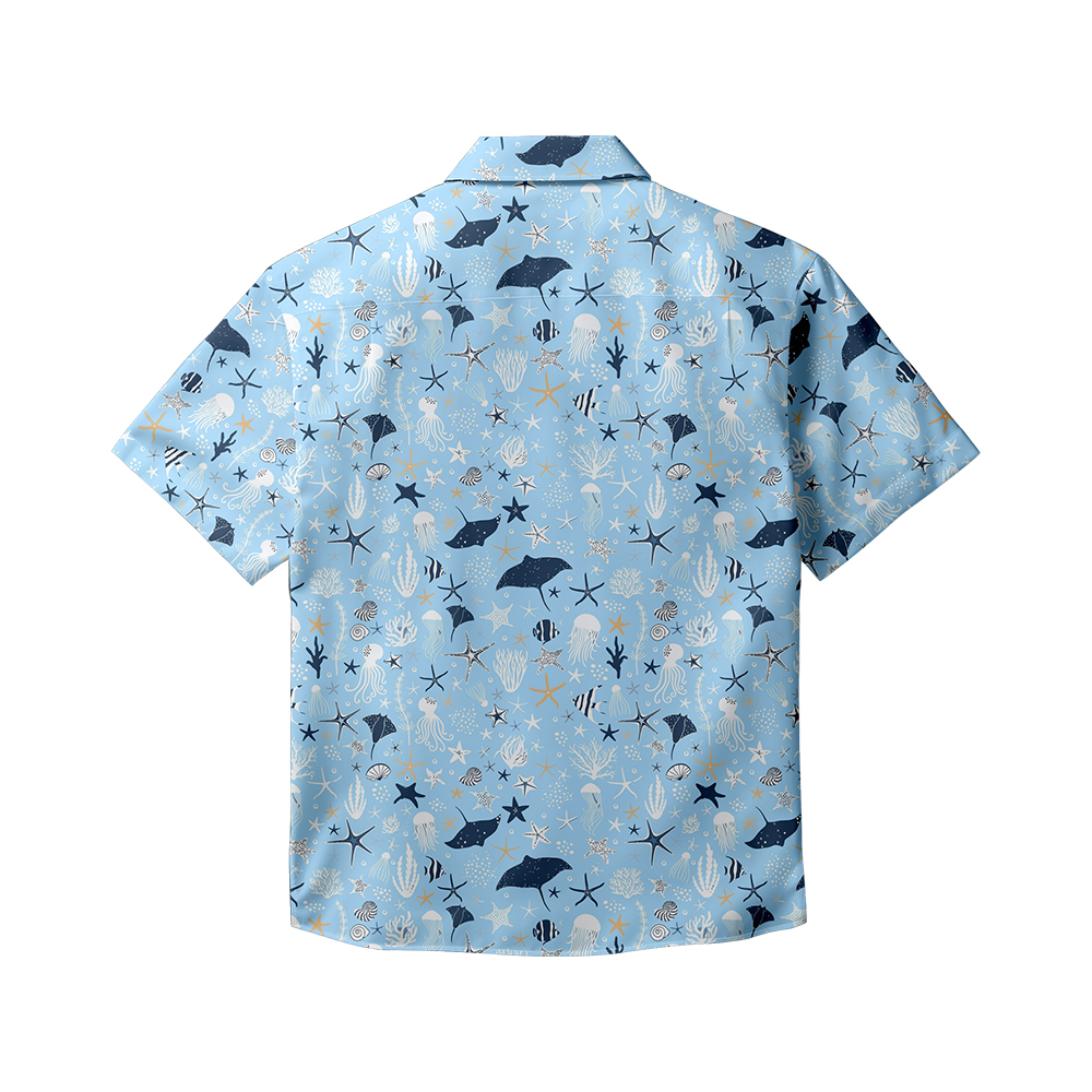 100% Cotton Men's Light Blue Ocean Print Short Sleeve Shirt