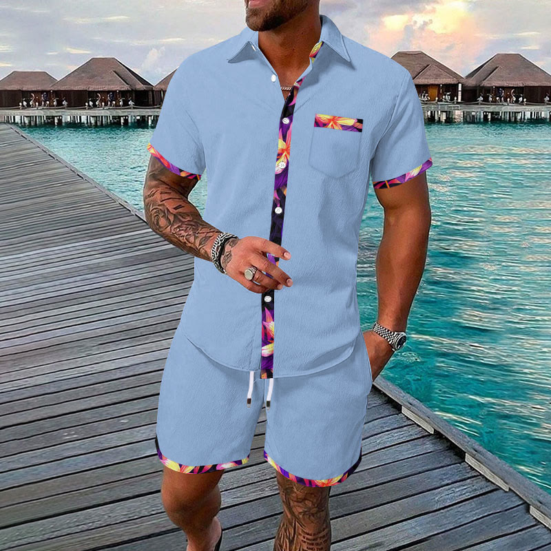 Men's Vacation Hawaiian Tropical Flower Contrast Print Shirt Set