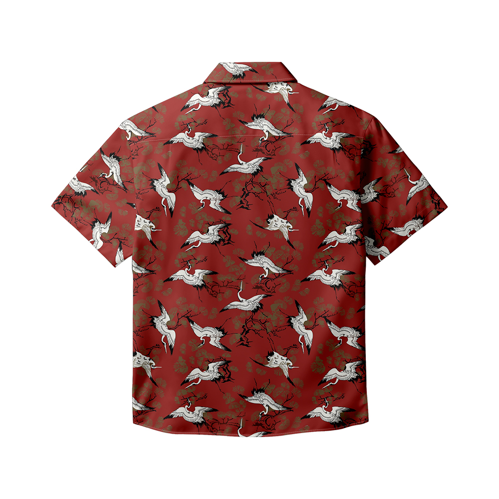 100% Cotton Men's Red Crane Print Short Sleeve Shirt