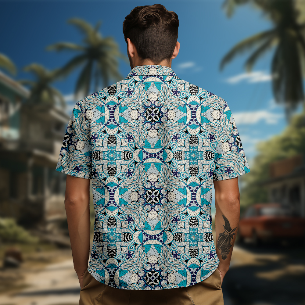 100% Cotton Men's Green Retro Patterns Print Short Sleeve Shirt