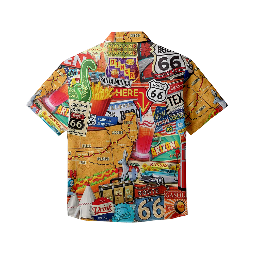 100% Cotton Men's Brown Vintage American Culture Print Short Sleeve Shirt