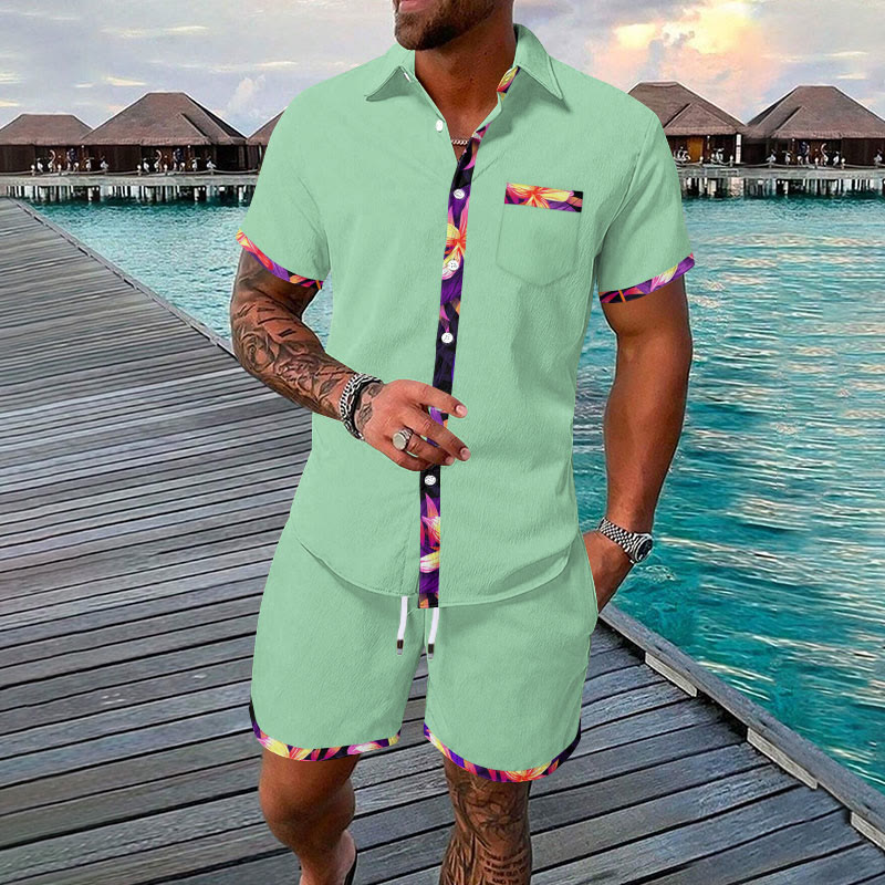 Men's Vacation Hawaiian Tropical Flower Contrast Print Shirt Set