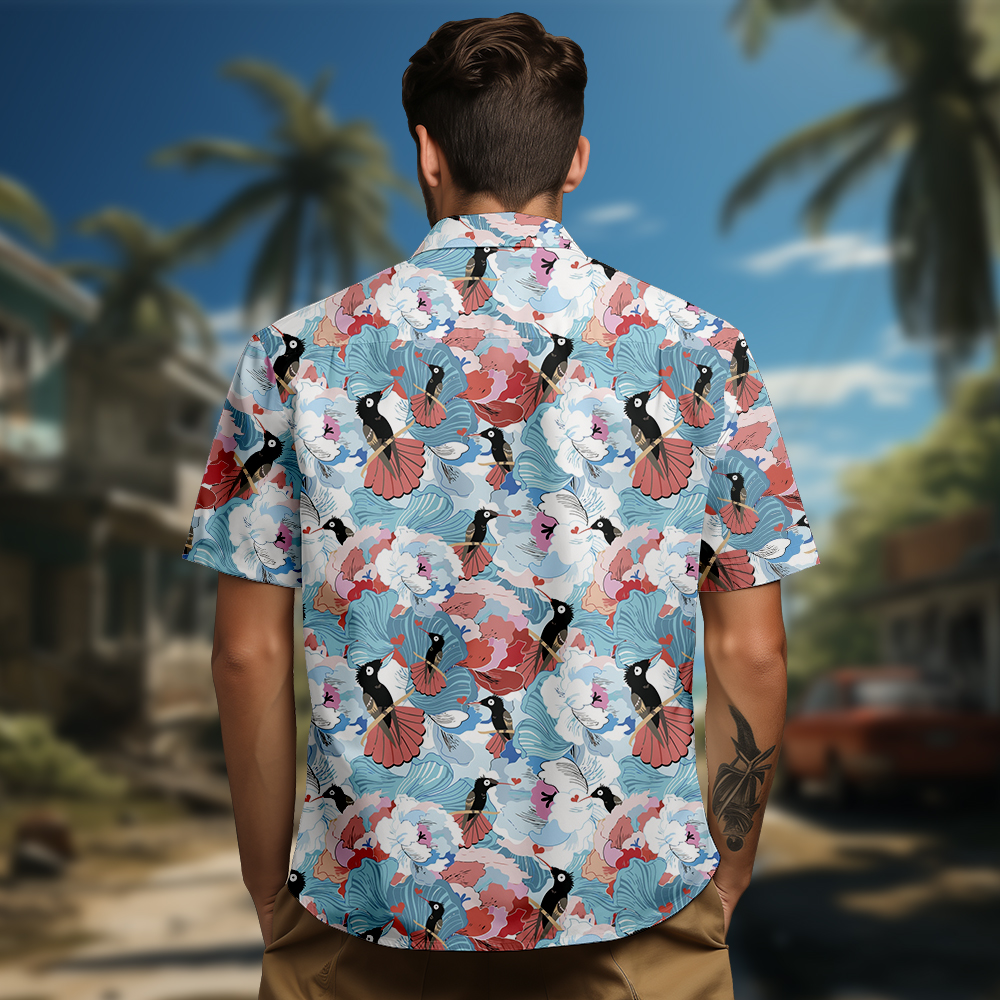 100% Cotton Men's Blue Bird Hawaii Print Short Sleeve Shirt