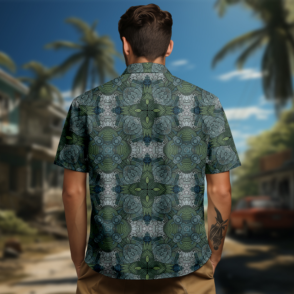 100% Cotton Men's Dark Green Totem Print Short Sleeve Shirt
