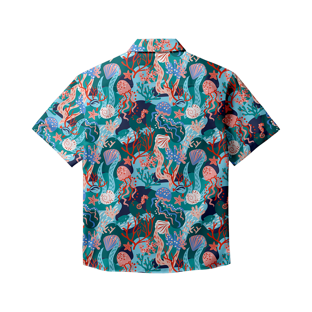 100% Cotton Men's Green Jellyfish Print Short Sleeve Shirt